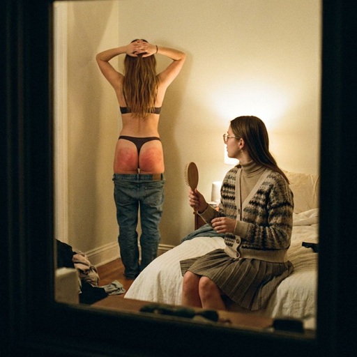 FF Spanking Cornertime: Junge Frau steht nach Spanking in der Zimmerecke