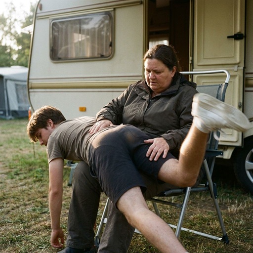 Spanking beim Camping: Dicke Frau versohlt jungen Mann