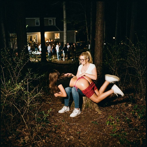 FF Spanking bei der Hausparty: Blonde junge Frau versohlt brünette junge Dame im Wald
