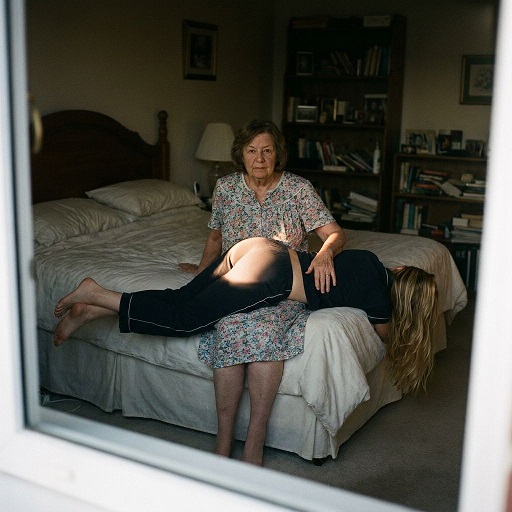 FF OTK Spanking: Ältere Frau versohlt junge Frau in Pyjama