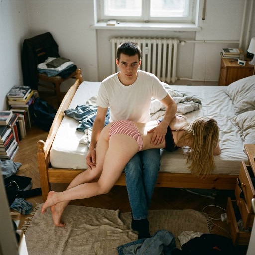 MF Spanking im Schlafzimmer: Junger Mann versohlt blonde Frau